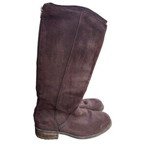 UGG Women's Brown Suede Knee-High Boots Size 9.5 With Side Zipper & Wooden Heel